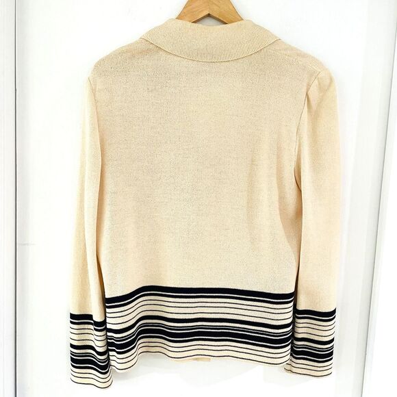 St John Collection Marie Gray Sz 10 Collared Striped Cardigan V-Neck Gold Button - Picture 3 of 13